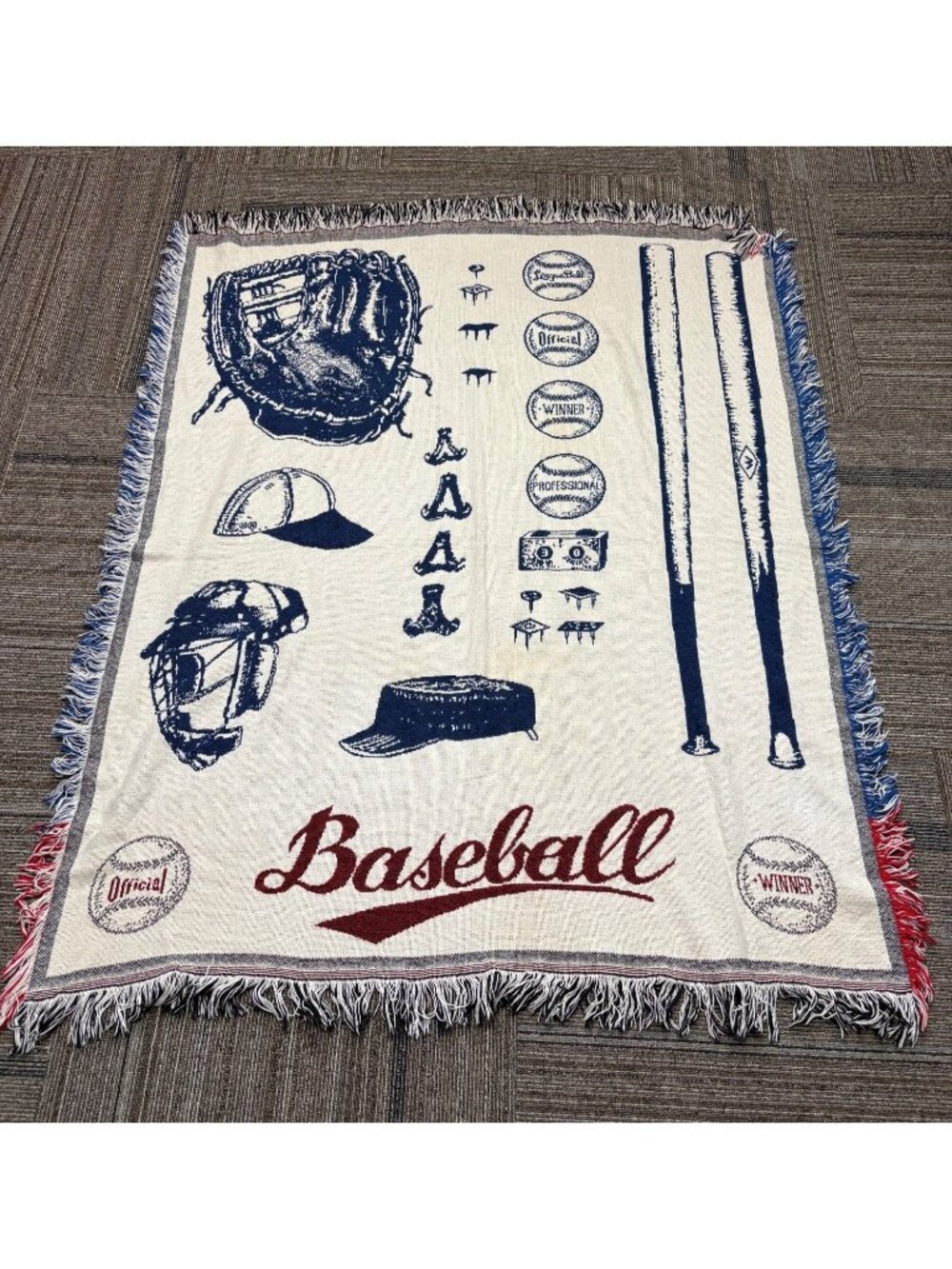 Baseball Themed Throw Blanket Fringe Red White Blue Woven Tapestry 51" x 60" VTG